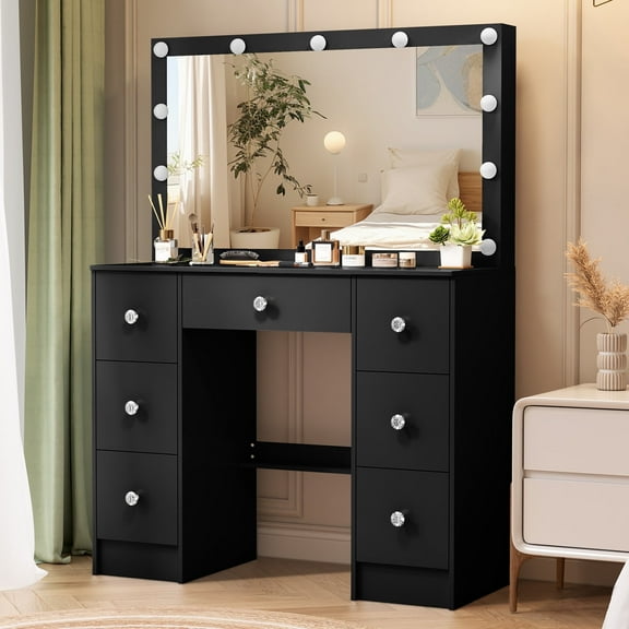 Caulitar Vanity Table Set with Large Lighted Mirror & 7 Storage Drawers, Makeup Vanity Dressing Table for Bedroom for Women Girls, Black & Crystal Knobs