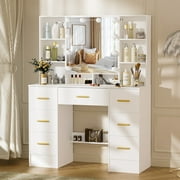 Caulitar Vanity Table Set with Mirror, Modern Makeup Vanity with LED Lights, 7 Drawers and Open Shelves, Vanity Desk with Golden Luxury Handle for Women Girls, White