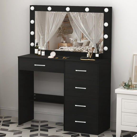 Caulitar Vanity Table with Large Mirror, 3 light Modes, 5 Drawers Makeup Table for Women, Black