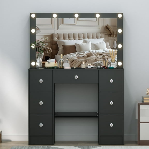 Caulitar Vanity with Mirror and Lights, 3 Color Adjustable Lighting, Makeup Table with 7 Drawers for Bedroom, Black