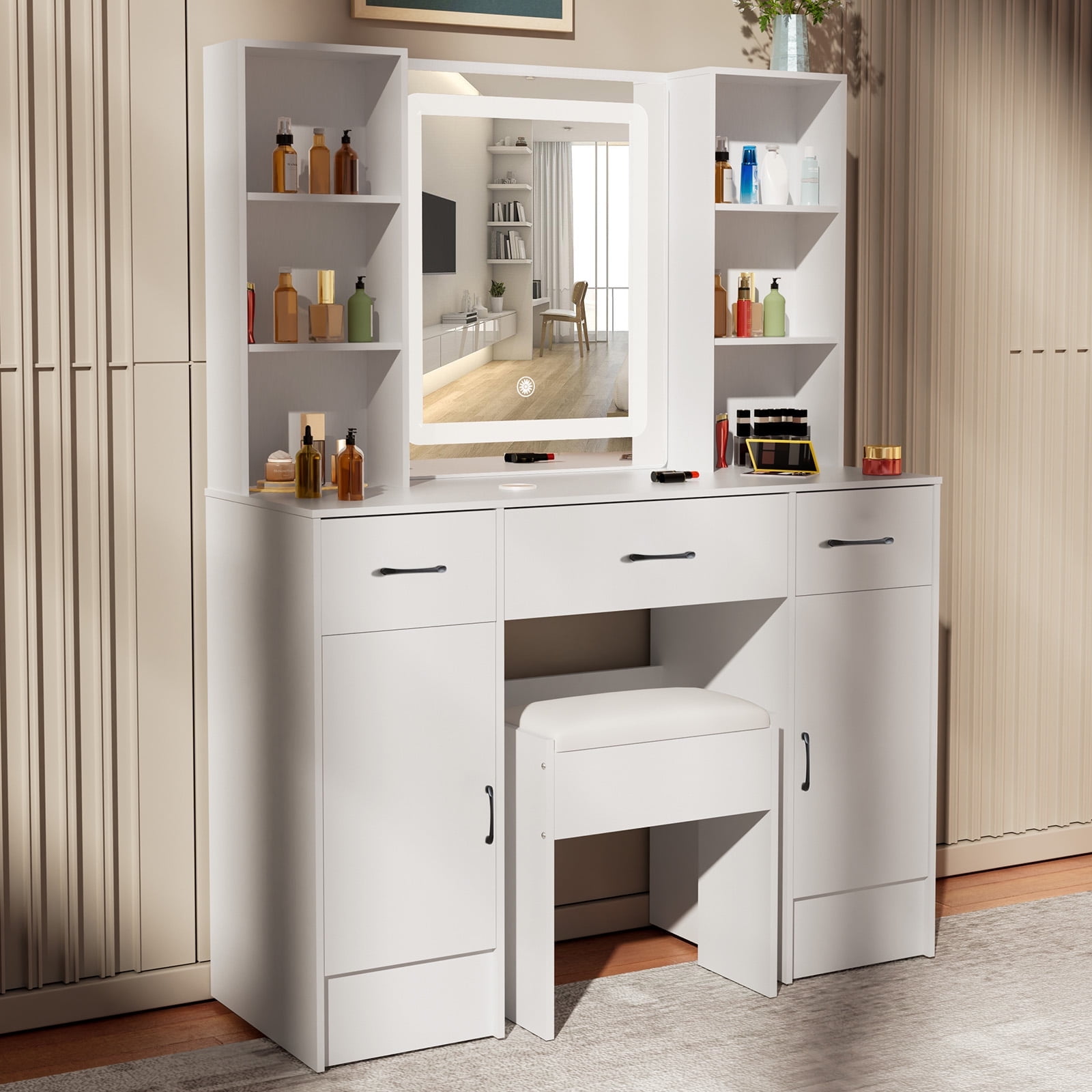Caulitar White Makeup Table Vanity Set with LED Mirror and with 5 Drawer Cabinets Stool for Bedroom
