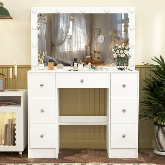 Caulitar White Vanity Table with LED Lighted Mirror, 3 Color Modes, 7 Drawer Modern Vanity Desk for Bedroom