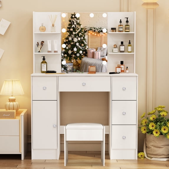Caulitar White Vanity Table with Lighted Mirror, Dressing Desk With 4 Shelves and Stool, Makeup Table for Women