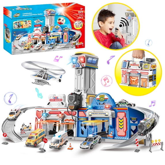 Caunedy 2-in-1 Large City Action Toddler Playset,Transform Track Toy with Cars,Hospital & Police Station,Birthday Gifts for Kids 1-8 Years Old