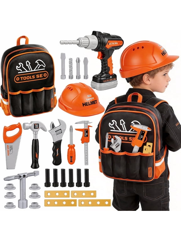 28 Pcs Kids Tool Set,Construction Play Toy Set with Electronic Drill & Backpack,Perfect Gift for Boys Girls Ages 3-6