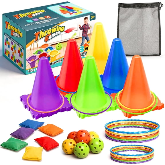 Caunedy 3 in 1 Carnival Games Set,Ring Toss with Bean Bags,Cones,Rings,Indoor Outdoor Activity Toys Gift for Boys Girls Ages 3-8