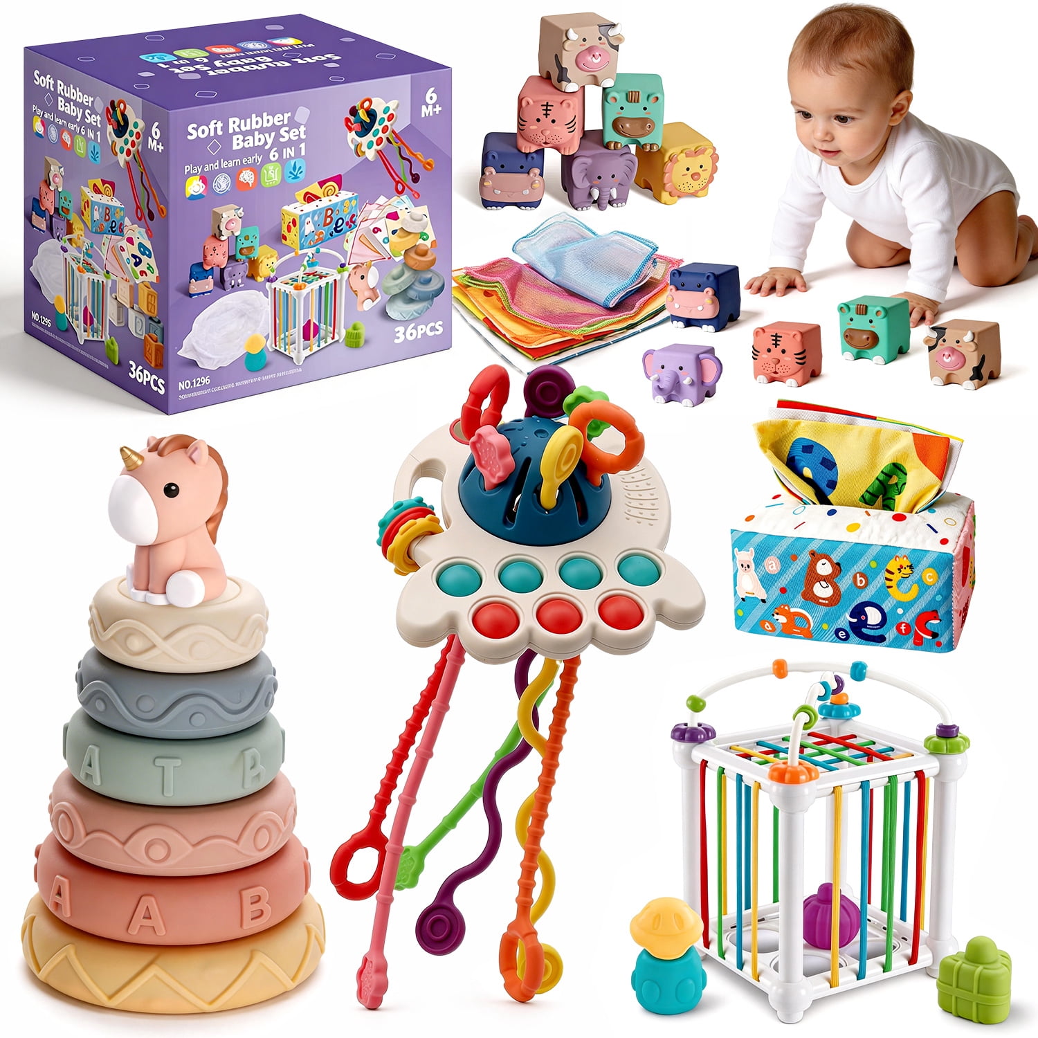 Caunedy 6 in 1 Montessori Toys for Baby 6-12 Months and Infant Toy for 1-3 Year Old.Early Learning Toys Set,First Baby Gift Set for Girl Boy