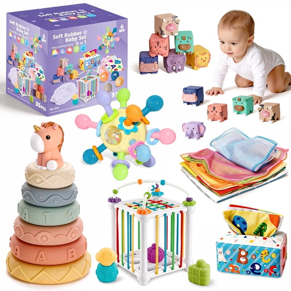 Caunedy 6 in 1 Montessori Toys for Baby 6-12 Months and Infant Toy for 1-3 Year Old.Early Learning Toys Set,First Baby Gift Set for Girl Boy