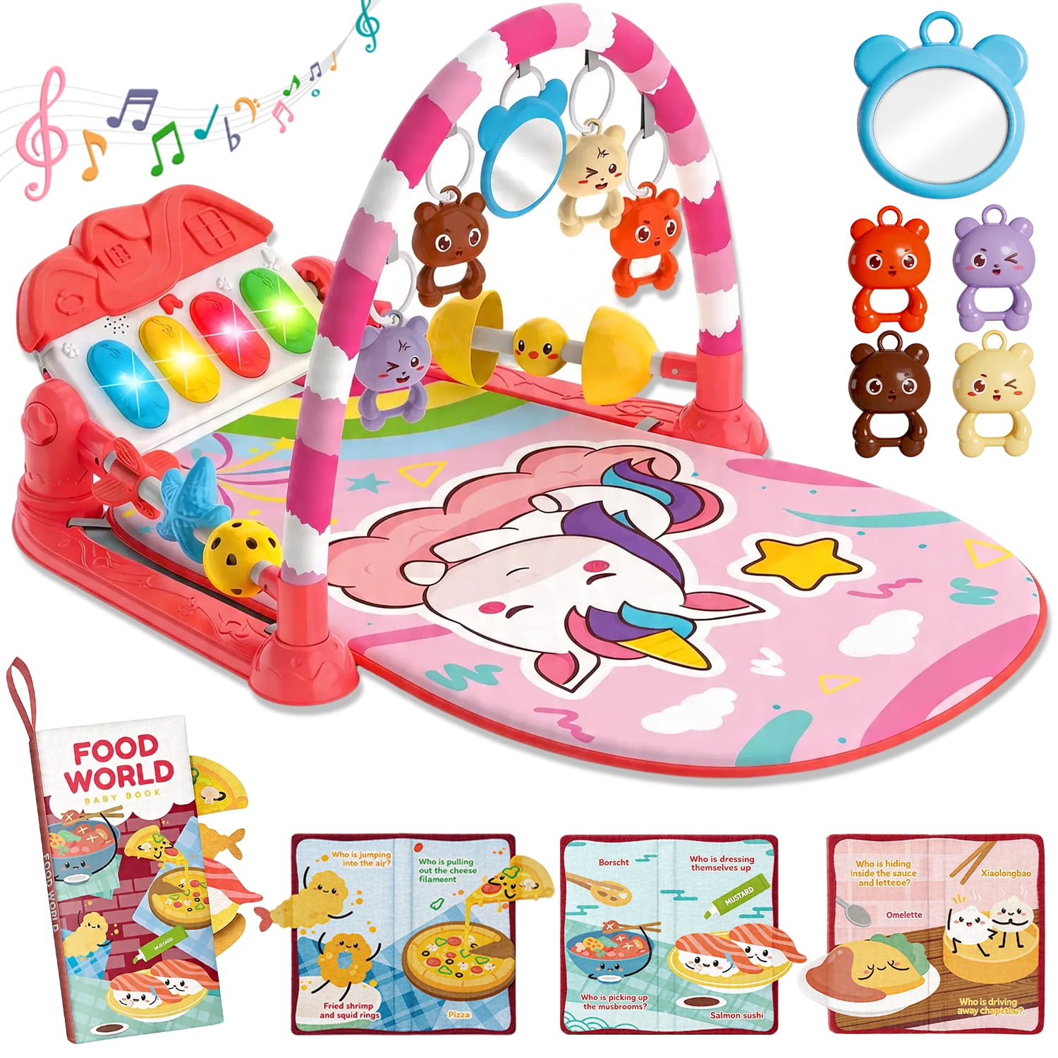 Caunedy Baby Play Mat Gym,Funny Play Piano Tummy Time Activity Mat with 5 Infant Sensory Toys,Music,Boy & Girl Gifts for Newborns 0-12 Months
