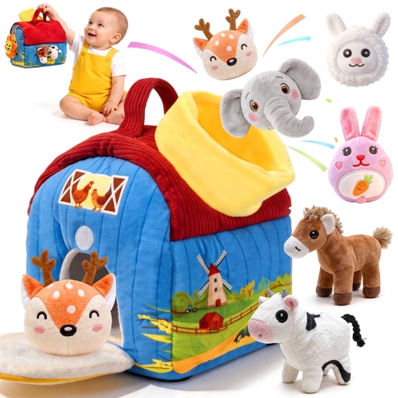 Caunedy Baby Surprise Barn with Stuffed Farm Animals,Real Sounds,Montessori Sensory Activity Toys Set for 6-12 Months Toddlers