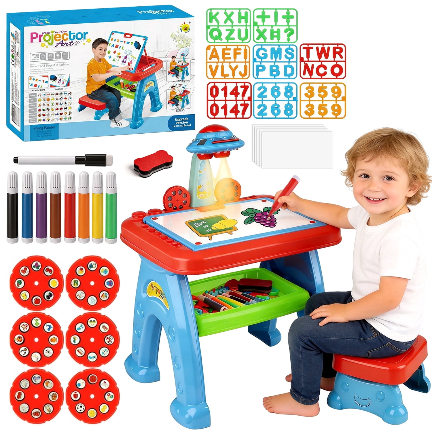 Caunedy Drawing Projector Table for Kids,Learning Projector Table Toys with Projector,Stool,Art Desk Table Kids Drawing for Ages 3-8 Years Old Girl Birthday Gifts