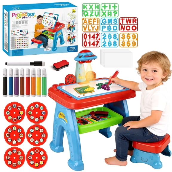 Caunedy Drawing Projector Table for Kids,Learning Projector Table Toys with Projector,Stool,Art Desk Table Kids Drawing for Ages 3-8 Years Old Girl Birthday Gifts