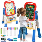 Sunforu Double-Sided Magnetic Kid Art Easel, Complete Drawing Station with Whiteboard and Chalkboard, Height-Adjustable, Blue
