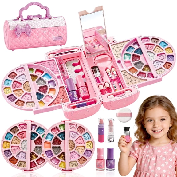 Caunedy Kids Makeup Set, Real Washable Makeup Kit with Braided Hair Accessories, Birthday Gifts for Girls Ages 3-12 Year Old