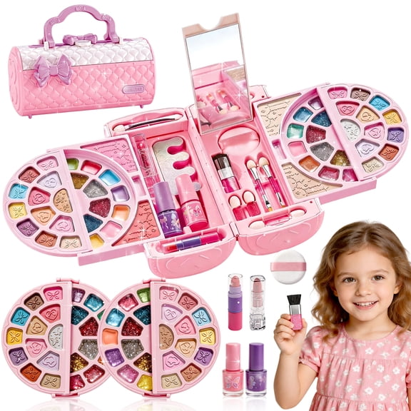 Caunedy Kids Makeup Set, Real Washable Makeup Kit with Braided Hair Accessories, Birthday Gifts for Girls Ages 3 4 5 6 7 8 9 10 11 12 Year Old