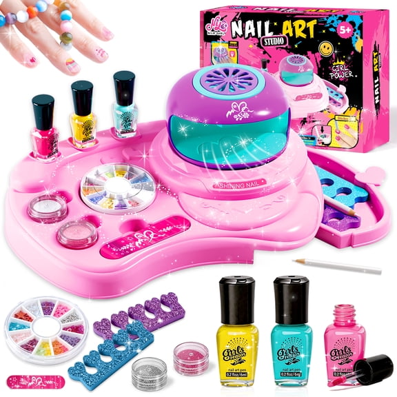 Caunedy Kids Nail Spa Set with Nail Dryer,Peelable Polish,Finger Separators & Sticky Gems,Birthday Gift for Kids Ages 3-12 Year Old