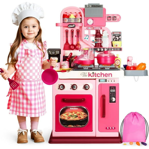 Caunedy Kids Play Kitchen Set with Realistic Lights & Sounds for Toddler, Kitchen Playset with Play Sink, Cooking Stove, Pretend Kitchen Accessories  for Boys Girls Ages 1-3 3-5 5-8