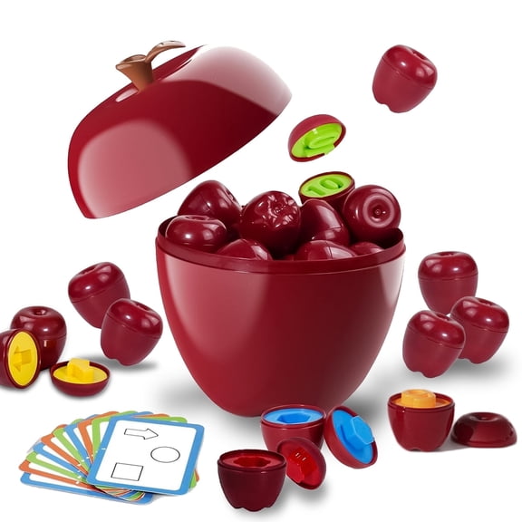 Sunforu Learning Toy for Kid, 24PCS Apple Shape Sorting & Matching Toys with Storage Basket, Color & Shape Games for Child, Best Gift for Kid