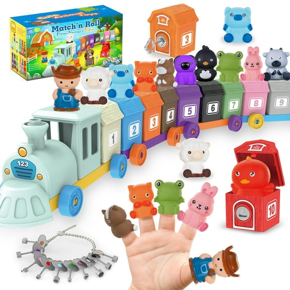 Sunforu Learning Toy for Toddlers, Farm Train with 10 Finger Puppets, Color Sorting Toys, Birthday Educational Gift for Baby Toddler Boys Girls