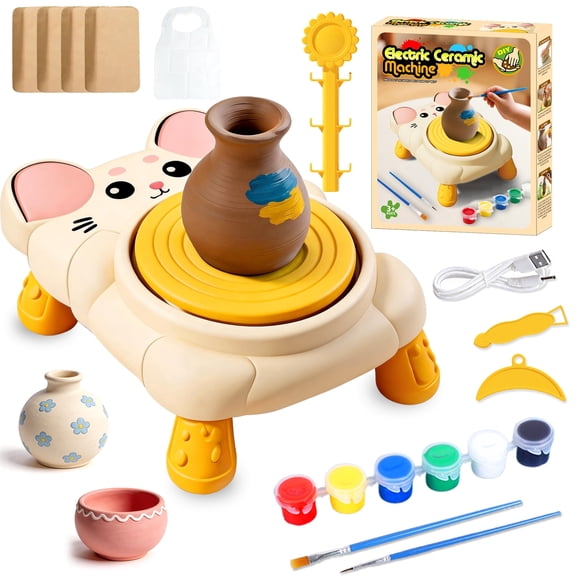 Caunedy Mini Cat Pottery Wheel Machine Kit,Electric Ceramic Wheel with Foot Pedal&Painting Kit, Adjustable Speed,Clay Spinner DIY Tools for Art Craft Birthday 1-3 3-5 5-8