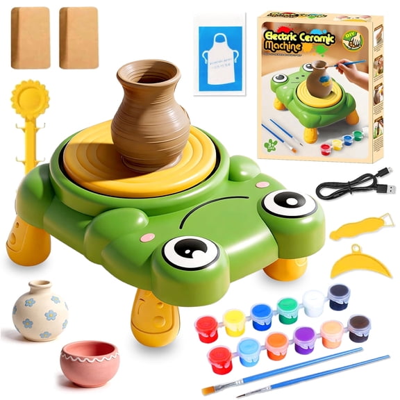 Caunedy Mini Frog Pottery Wheel Machine Kit,Electric Ceramic Wheel with Foot Pedal&Painting Kit, Adjustable Speed,Clay Spinner DIY Tools for Art Craft Gift 1-8