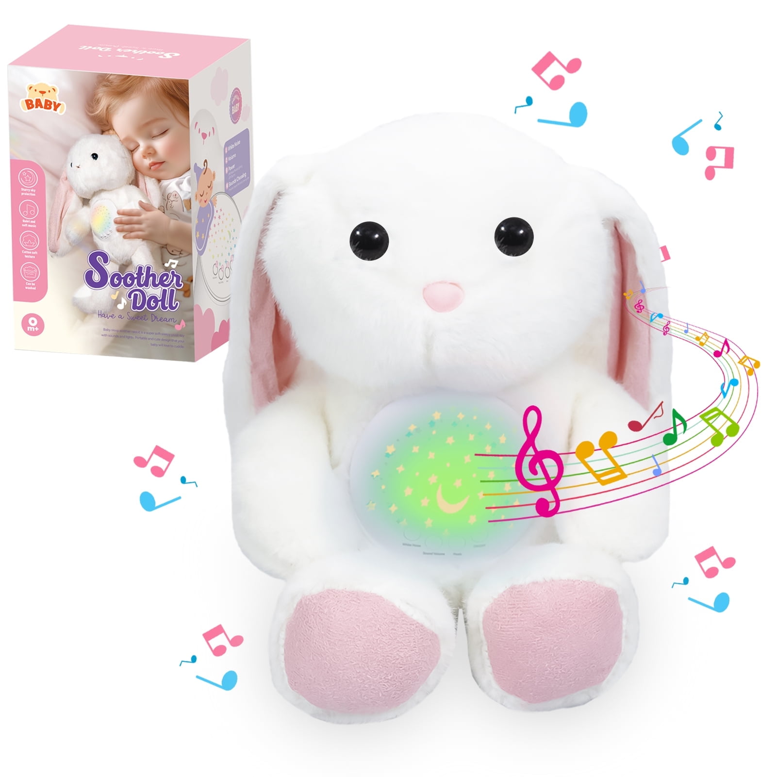 Caunedy Musical Plush Toy with Soothing Light & Sound, Soft Stuffed Animal for Newborn to Toddler 0-36 Months, Perfect Christmas & Birthday Gift for Boy Girl