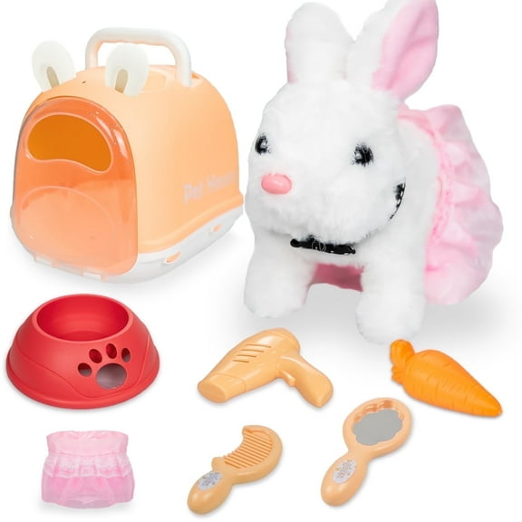 Sunforu Pet Care Play Set, Little Plush White Rabbit Grooming Toys with Hand-Held Basket Educational Toys for Toddler Kids Easter Bunnies Gift