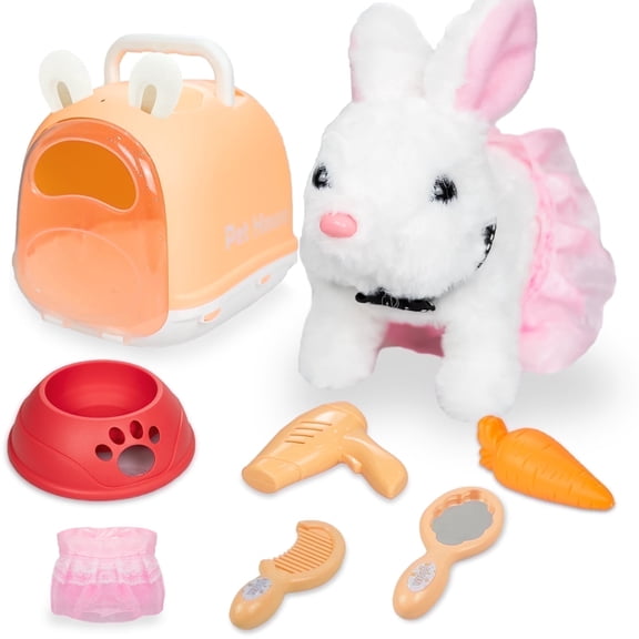 Sunforu Pet Care Play Set, Little Plush White Rabbit Grooming Toys with Hand-Held Basket Educational Toys for Toddler Kids Easter Bunnies Gift