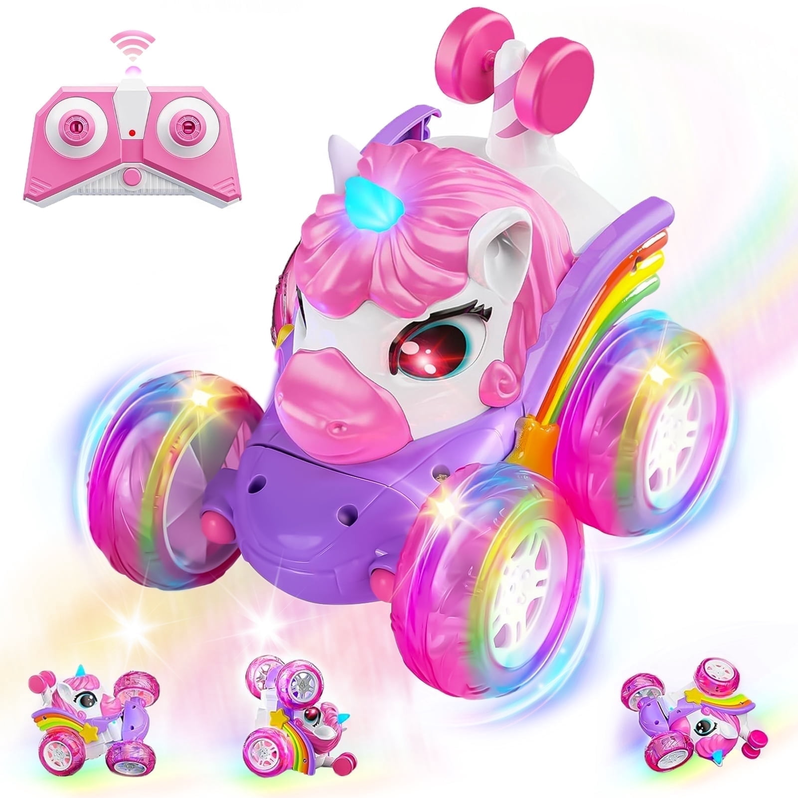 Sunforu Pink Unicorn RC Car for Girl, 360° Stunt Rotation 4WD Remote Control Cars with Lights and Music, Birthday Gift for 3 4 5 6 Years Old Girl
