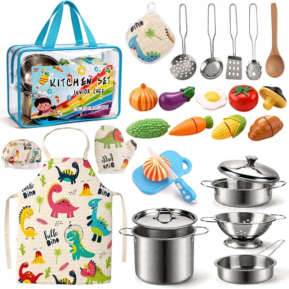 Caunedy Play Kitchen Accessories,Stainless Steel Play Pots Pans Sets for Kids,Apron,Chef Hat,Kitchen Set for Kids Ages 3-12 Girls Boys Gifts