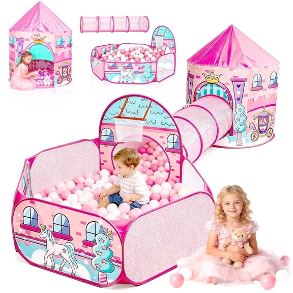 Caunedy 3 in 1 Princess Tent for Girls with Kids Ball Pit and Crawl Tunnel for Toddlers, Pink Pop up Playhouse Toys Indoor& Outdoor for 3 4 5 6 Birthday Gifts