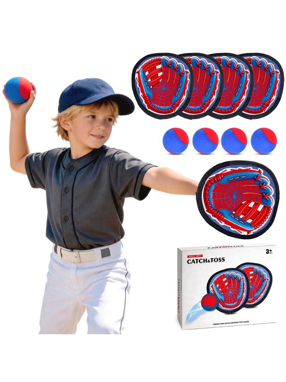 Toss and Catch Ball Game Set with 4 Sticky Balls and Baseball Gloves Set,Birthday Gift for Boys Girls Ages 3-12