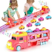 Sunforu Toys for 1 2 3 Year Old Girl,5-in-1 Carrier Truck for Toddler Girl,Foldable Ejection Trucks Toy with Light & Sound, Birthday Gifts,Pink