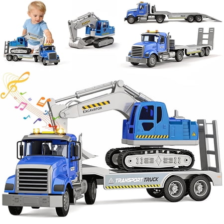 Caunedy Transports Trucks Kids Toys,Large Semi Truck Toy and Excavator Toy Carrier Truck ,Perfect Gifts for Kid Aged 3-12