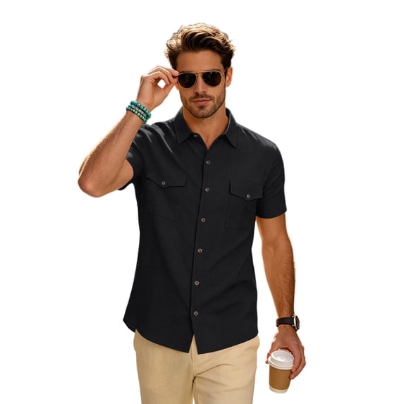 Causal Button Down Shirts for Men Short Sleeve Collared Cargo T Shirts Breathable Beach Vacation Cotton Linen Tees Multi-Pocket, 2XL