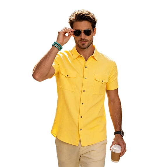 Causal Button Down Shirts for Men Short Sleeve Collared Cargo T Shirts Breathable Beach Vacation Cotton Linen Tees Multi-Pocket, M