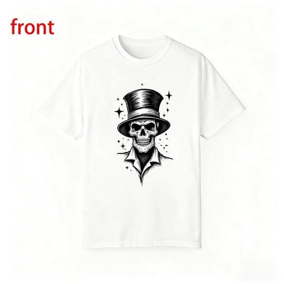 Causal Comfort T-Shirt, Skull with Ornate Top Hat Graphic Tee，Pattern printing，Crew neck，Loose，cotton，white，S-5XL