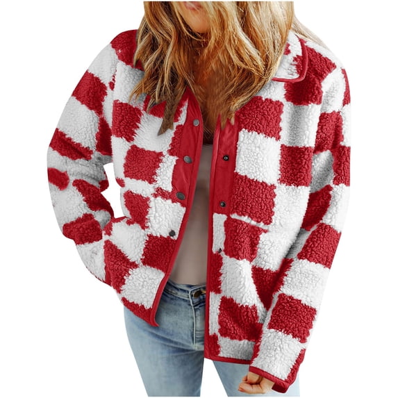 Causal Jackets for Women Trendy Checkered Sherpa Fall Jacket Loose Snap Button Plaid Fall Winter Coats