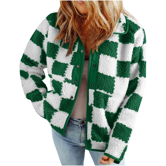 Causal Jackets for Women Trendy Checkered Sherpa Fall Jacket Loose Snap Button Plaid Fall Winter Coats