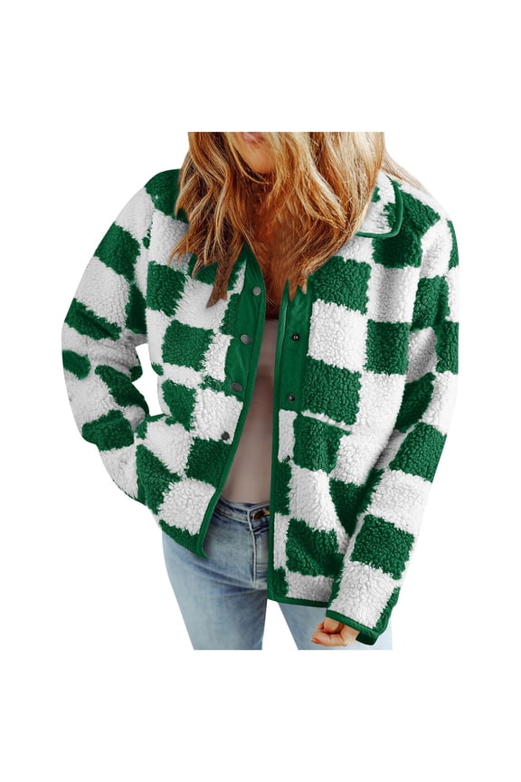 Causal Jackets for Women Trendy Checkered Sherpa Fall Jacket Loose Snap Button Plaid Fall Winter Coats