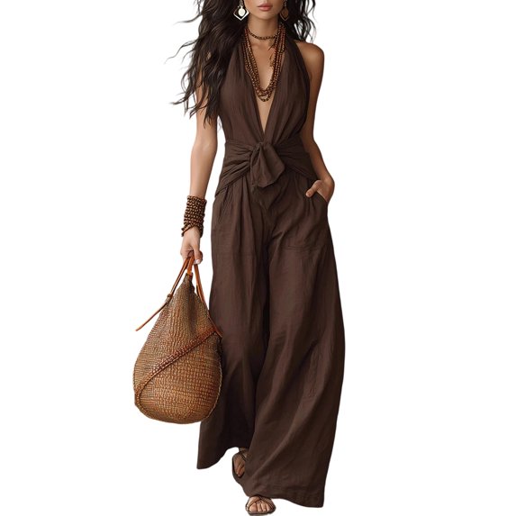 Causal Jumpsuits for Women V Neck Sleeveless Cinched Waisted Wide Leg Overalls With Pockets Loose Vacation Solid Rompers, 2XL
