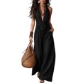 thumbnail image 1 of Causal Jumpsuits for Women V Neck Sleeveless Cinched Waisted Wide Leg Overalls With Pockets Loose Vacation Solid Rompers, XL, 1 of 4