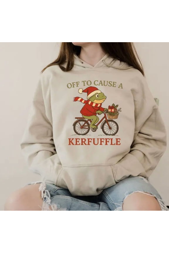 Off to Cause a Kerfuffle Frog Christmas Hoodie – Funny Weirdcore Meme Graphic Hoodie , 100% Cotton Pullover, Made in USA, Sarcastic Frog Xmas Sweater for Men & Women, Unique Holiday Gift