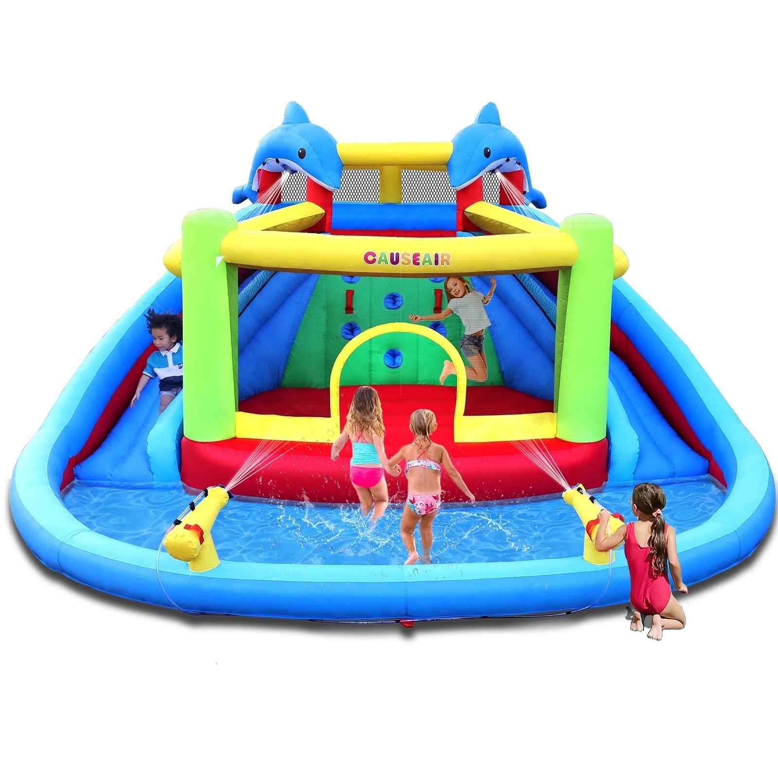 Causeair Inflatable Bounce House with Slide, Splash Pool, Double Cannon, Heavy-Duty Blower, Water Park for Kids