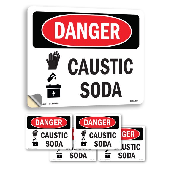 Caustic Soda OSHA Danger Vinyl Decal Label 14 Inch x 10 Inch - 5 Pack