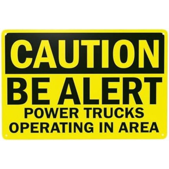 Caution Be Alert Power Trucks Operating In Area Warning Sign, Truck Security Metal Signs for Home Busines Outdoor Indoor Garage Street Wall Caution Decor 12 x 8 Inch