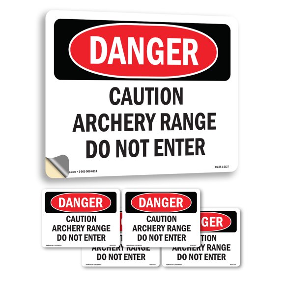 Caution Archery Range Do Not Enter OSHA Danger Vinyl Decal Label 5 Inch x 3.5 Inch - 5 Pack