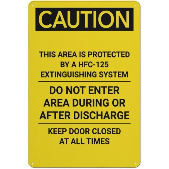 Caution Area Protected By A HFC-125 Extinguisher System Retro Aluminum Sign 8"x12" - Vintage Style Metal Tin Sign, Funny Pool Wall Decor Art, HFC-125 System Sign