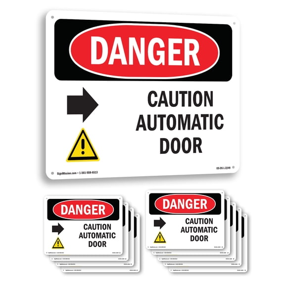 Caution Automatic Door [Right Arrow] OSHA Danger Aluminum Sign 10 Inch x 7 Inch - 10 Pack