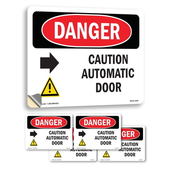 Caution Automatic Door [Right Arrow] OSHA Danger Vinyl Decal Label 5 Inch x 3.5 Inch - 5 Pack